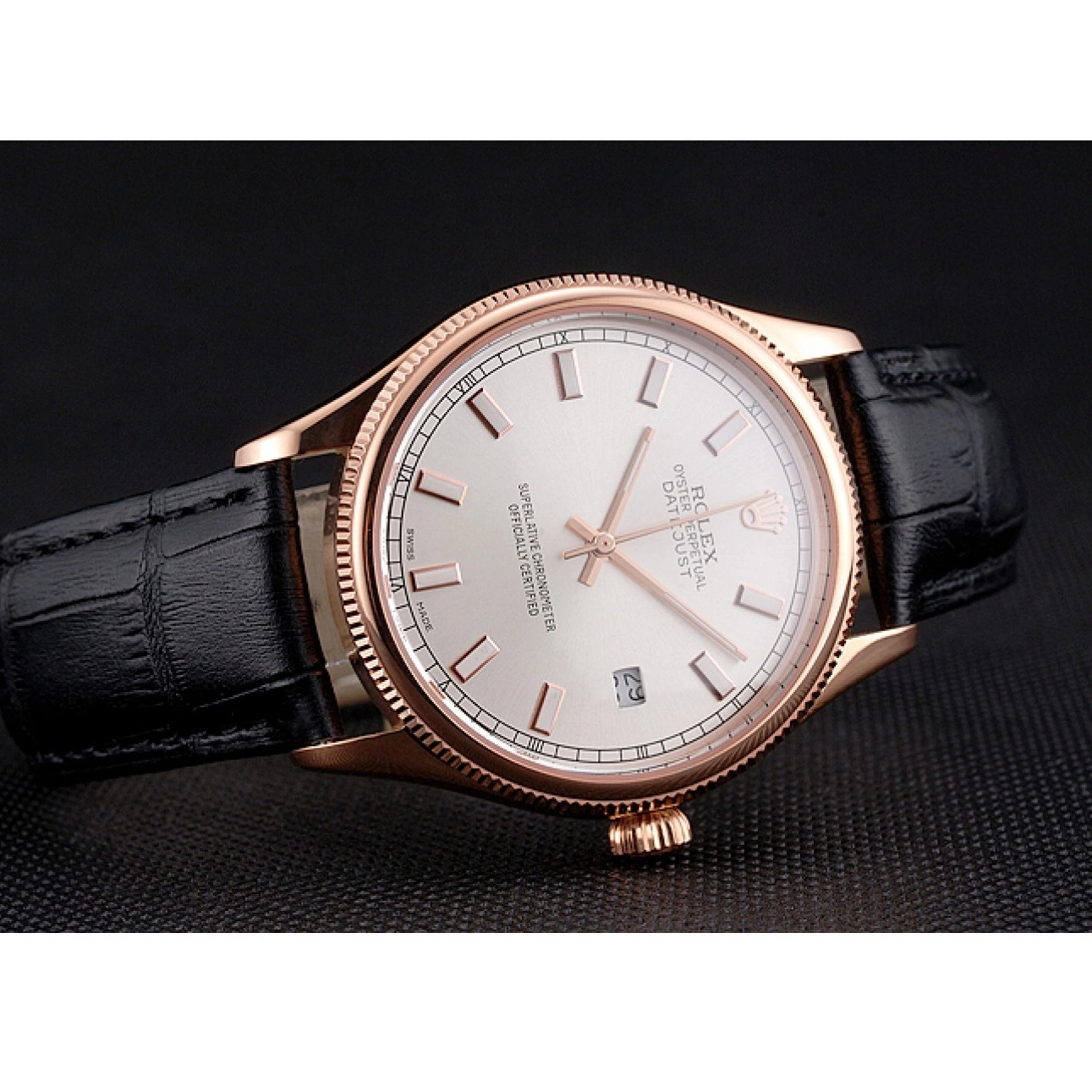 Best AAA Replica Sites White Rose Rolex Dial Leather Case Black Strap Datejust Gold Swiss 0520